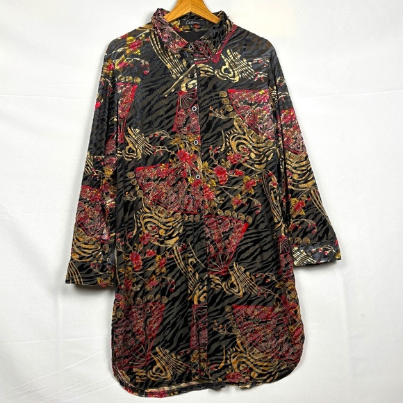 Women's Long Sleeve Velvet Burnout Tunic Top Button Up Sz L Boho Gypsy Caleoas - Picture 1 of 12